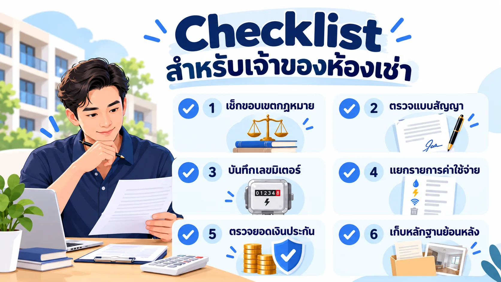 Checklist สำหรับเจ้าของห้องเช่า: เช็กขอบเขตกฎหมาย ตรวจแบบสัญญา บันทึกเลขมิเตอร์ แยกรายการค่าใช้จ่าย ตรวจยอดเงินประกัน และเก็บหลักฐานย้อนหลัง